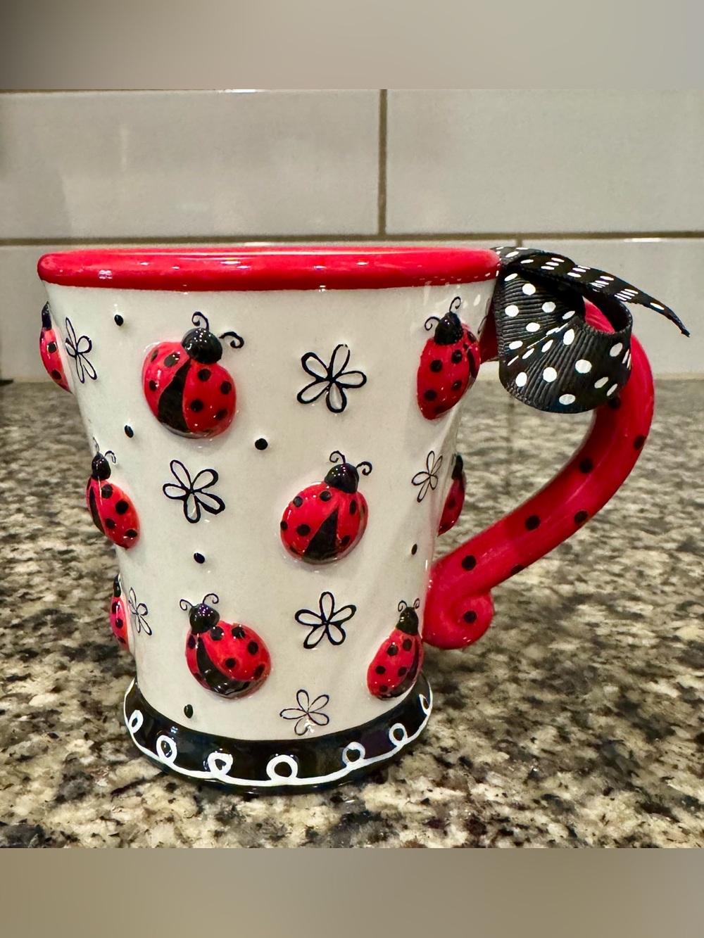 Burton & Burton Red Raised 3D Hand Painted Ladybug Polka Dot Mug with Bow NEW